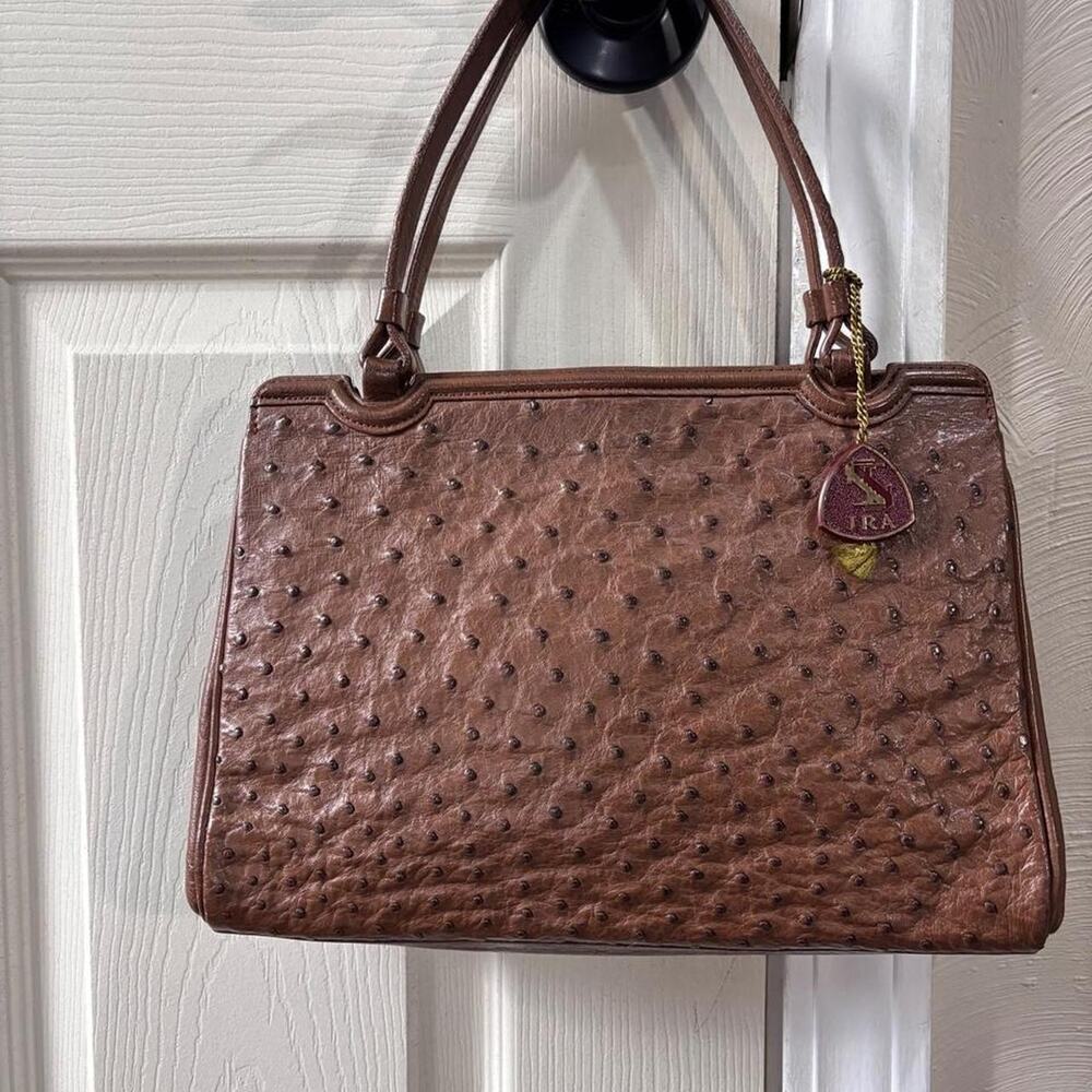 Vintage 90s JRA Brown Genuine Ostrich Leather Shoulder Bag. Purse